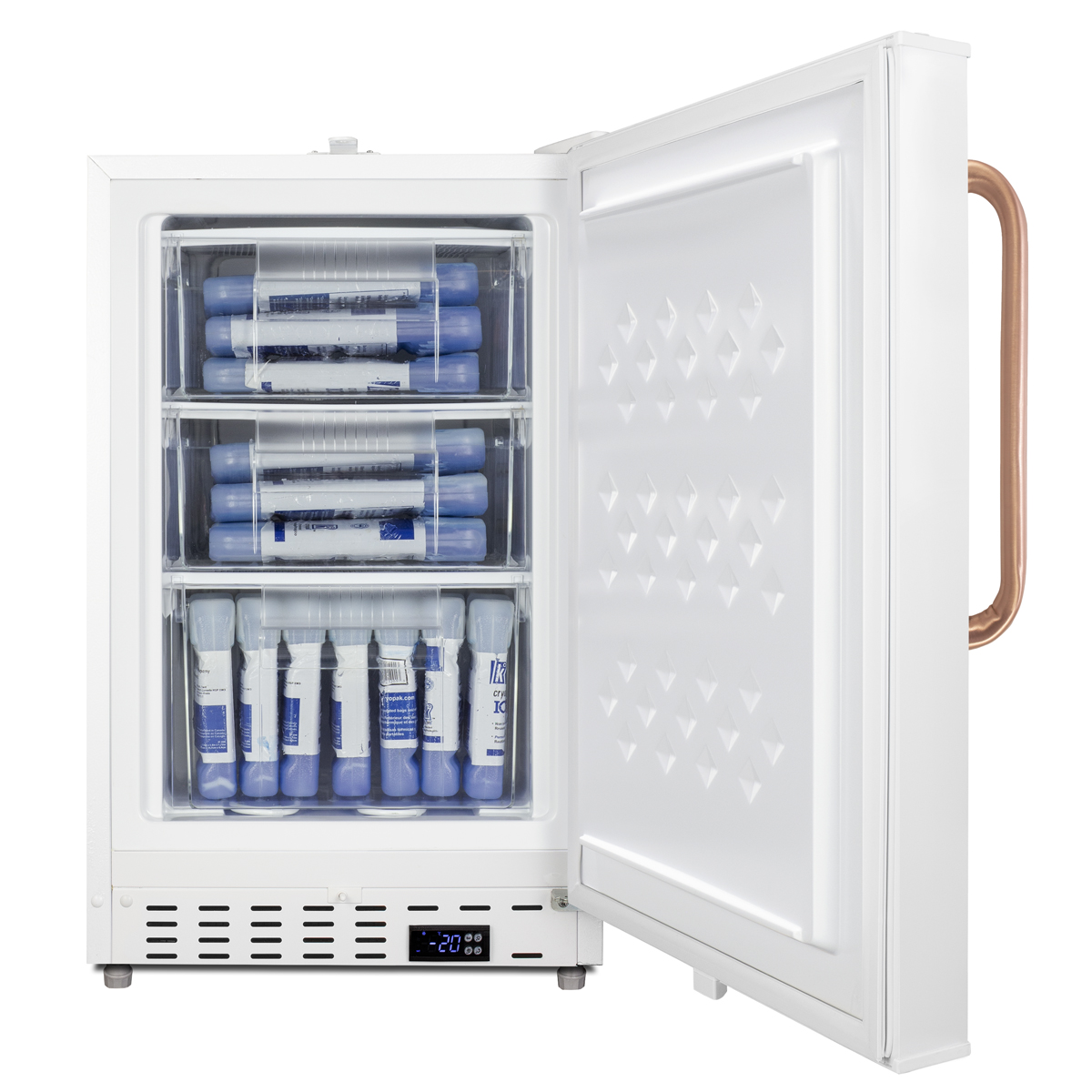 Built-in undercounter -25 C ADA compliant all-freezer in white with lock, pure copper towel bar handle, digital controls, interior baskets, hospital cord with 'green dot' plug, factory installed access port, and manual defrost operation